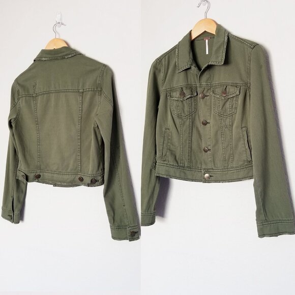 Free People Olive Army Green Distressed Crop Denim Jacket Size 4 100% Cotton - Picture 15 of 15